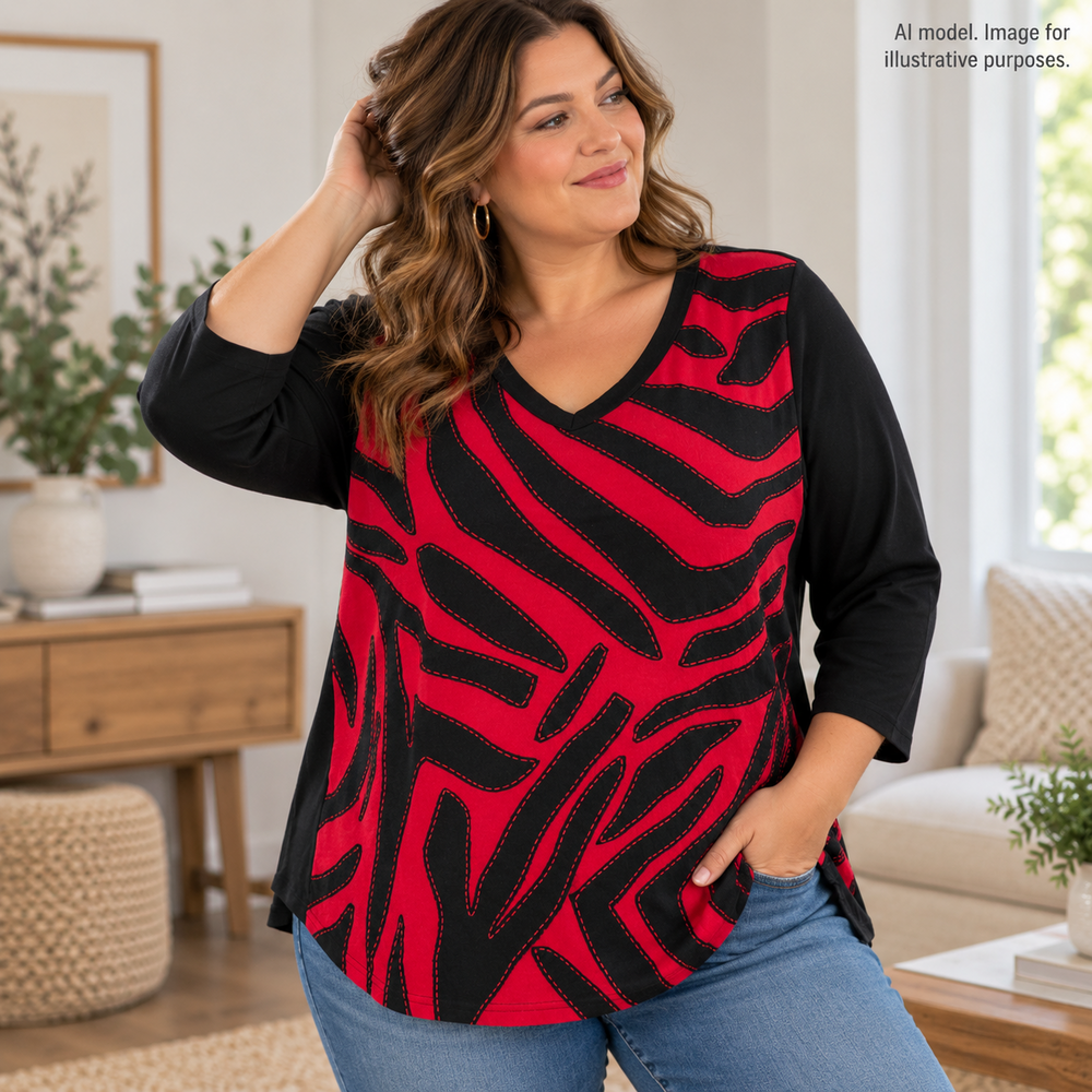 Susan Graver Shirt Womens XL Black Red Zebra Tribal Exposed Stitch Cotton Tunic